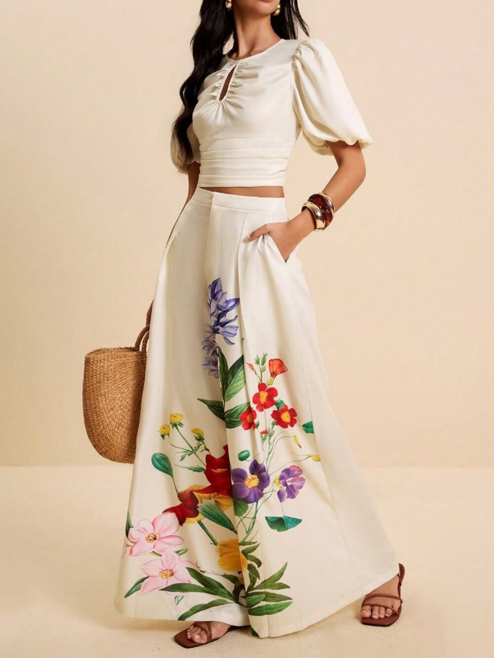 Apricot Elegant Women's top and floral pant Vacation coord Set - Picture 5 of 8